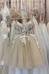 Evening Dresses, Champagne Spaghetti Lace Short Prom Dresses, A-Line Party Dresses