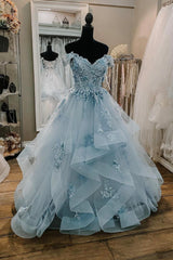 Prom Dress Styling Hair, Blue Tulle Lace Long Prom Dresses, Off the Shoulder Evening Dresses