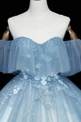 Prom Dress Modest, Blue Tulle Lace Long Prom Dresses, A-Line Off the Shoulder Evening Dresses