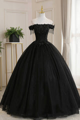 Wedding Decor, Black Tulle Lace Off the Shoulder Prom Dress, Black A-Line Evening Dress