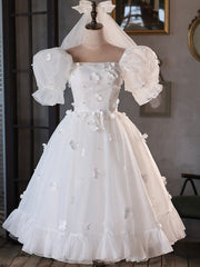 Prom Dresses Ball Gown Elegant, White Tulle Short A-Line Prom Dress, Cute Puff Sleeve Party Dress