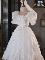 Prom Dresses 2035 Long, White Tulle Short A-Line Prom Dress, Cute Puff Sleeve Party Dress