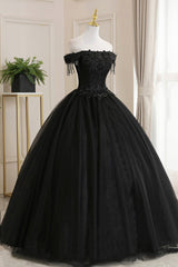 Bridesmaid Dresses Dusty Blue, Black Tulle Lace Off the Shoulder Prom Dress, Black A-Line Evening Dress