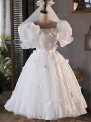 Prom Dresses Ball Gown Style, White Tulle Short A-Line Prom Dress, Cute Puff Sleeve Party Dress