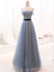 Prom Dresse Backless, Blue Tulle Long Prom Dress, A-Line Strapless Evening Party Dress