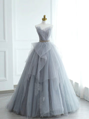 Formal Dresses For Woman, Gray Strapless Tulle Lace Long Prom Dress, A-Line Evening Party Dress