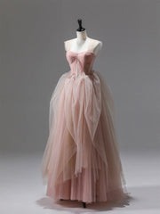 Bridesmaids Dresses White, Pink Tulle Lace Long Prom Dress, Beautiful A-Line Evening Party Dress