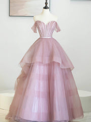 Bridesmaids Dresses Beach Wedding, Pink Tulle Sequins Long Prom Dress, Off Shoulder Evening Dress