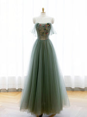 Party Dress Sleeves, A-Line Green Tulle Long Prom Dress, Off the Shoulder Evening Party Dress