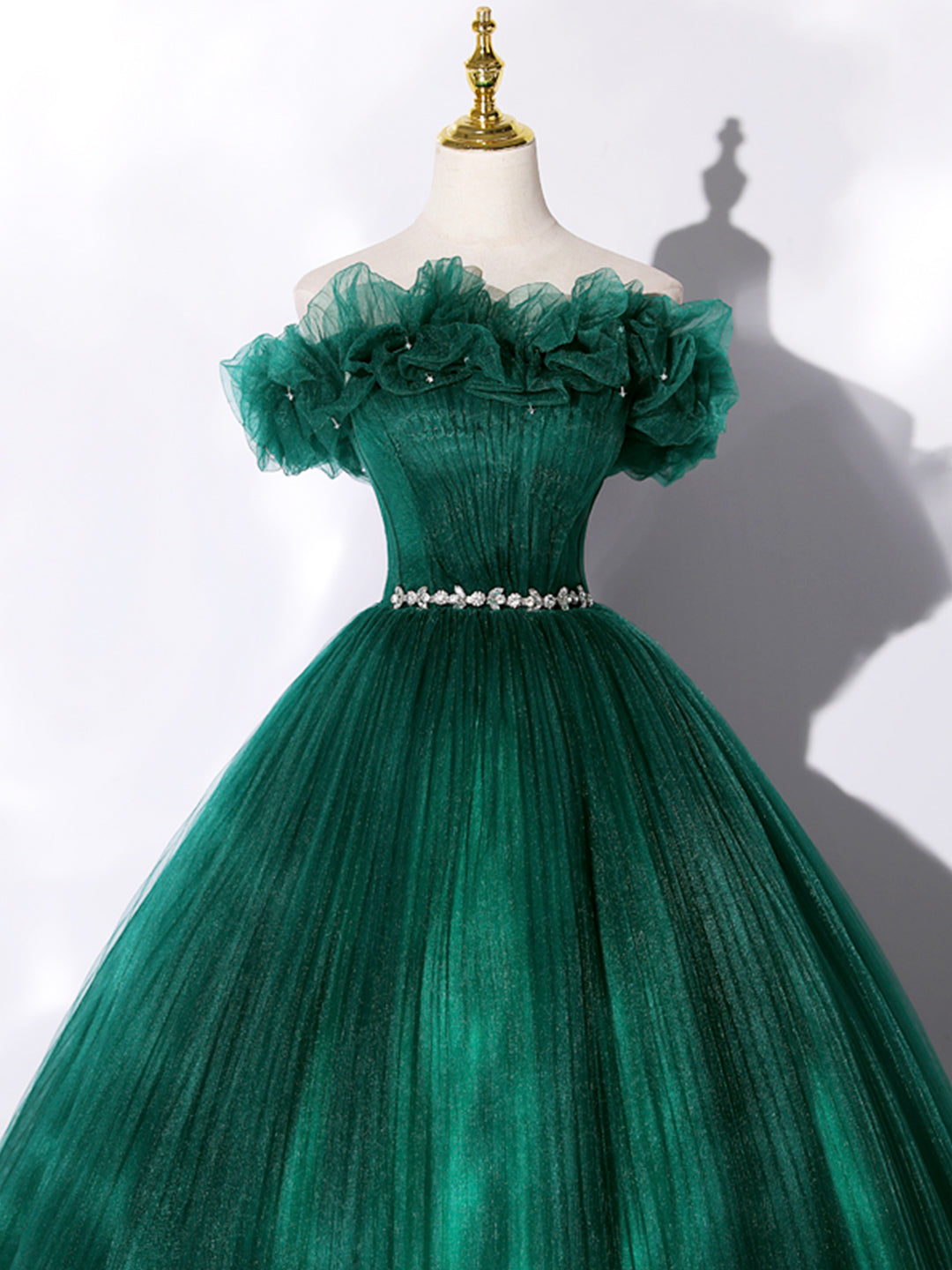 Modest Prom Dress, Green Off Shoulder Tulle Formal Dress, A-Line Long Prom Dress