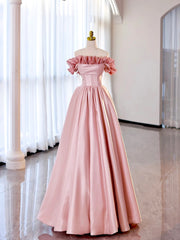 Prom Gown, Off the Shoulder Satin Burgundy/Pink A-line Princess Dresses