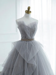 Formal Dress For Woman, Gray Strapless Tulle Lace Long Prom Dress, A-Line Evening Party Dress