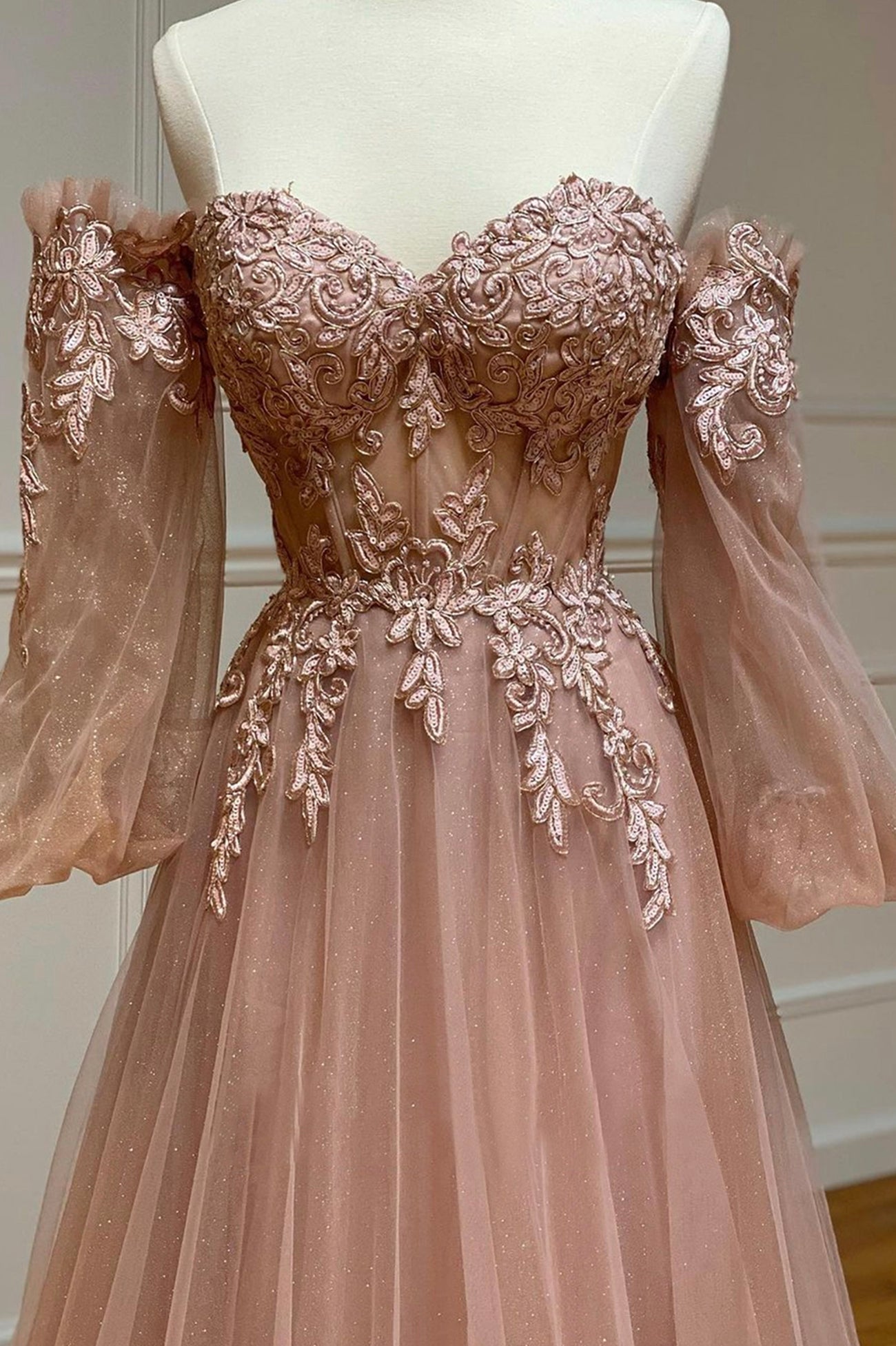 Party Dresses Online Shopping, A-Line Tulle Lace Long Prom Dresses, Off the Shoulder Lace Formal Dresses