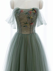 Party Dresses Sleeves, A-Line Green Tulle Long Prom Dress, Off the Shoulder Evening Party Dress