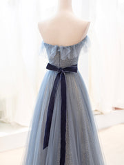 Prom Dresses 2034 Blue, Blue Tulle Long Prom Dress, A-Line Strapless Evening Party Dress