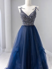 Evening Gown, Blue Tulle Beaded Long Prom Dress, A-Line Spaghetti Strap Formal Evening Dress