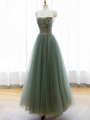 Party Dress Sleeve, A-Line Green Tulle Long Prom Dress, Off the Shoulder Evening Party Dress