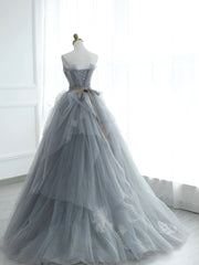 Formal Dresses Long Sleeve, Gray Strapless Tulle Lace Long Prom Dress, A-Line Evening Party Dress