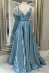 Prom Dresses Country, Blue V-Neck Long Prom Dresses, A-Line Blue Evening Dresses