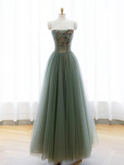 Party Dress With Sleeves, A-Line Green Tulle Long Prom Dress, Off the Shoulder Evening Party Dress