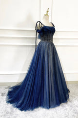 Bridesmaides Dresses Green, Blue Long Tulle Beaded Prom Dress, Blue Evening Party Dress