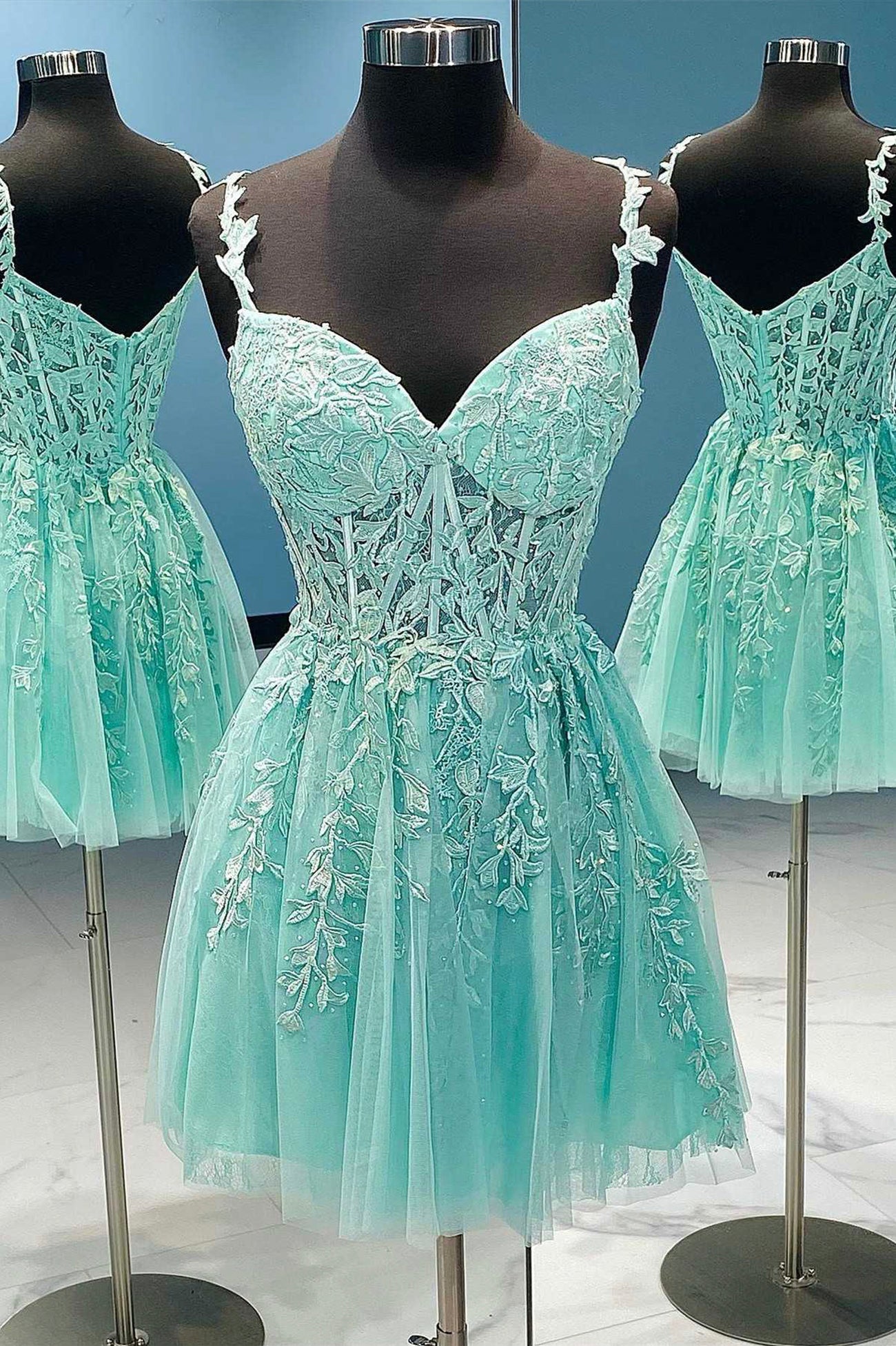 Party Dresses Idea, A-Line Tulle Lace Short Prom Dress, Cute Spaghetti Strap Party Dress