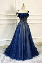 Bridesmaid Dress Green, Blue Long Tulle Beaded Prom Dress, Blue Evening Party Dress