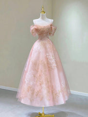 Wedding Theme, Pink Spaghetti Strap Tulle Lace Short Prom Dress, Cute A-Line Party Dress