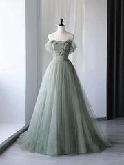 Party Dress Maxi, Beautiful Green Tulle Long Prom Dress, Off Shoulder Evening Dress