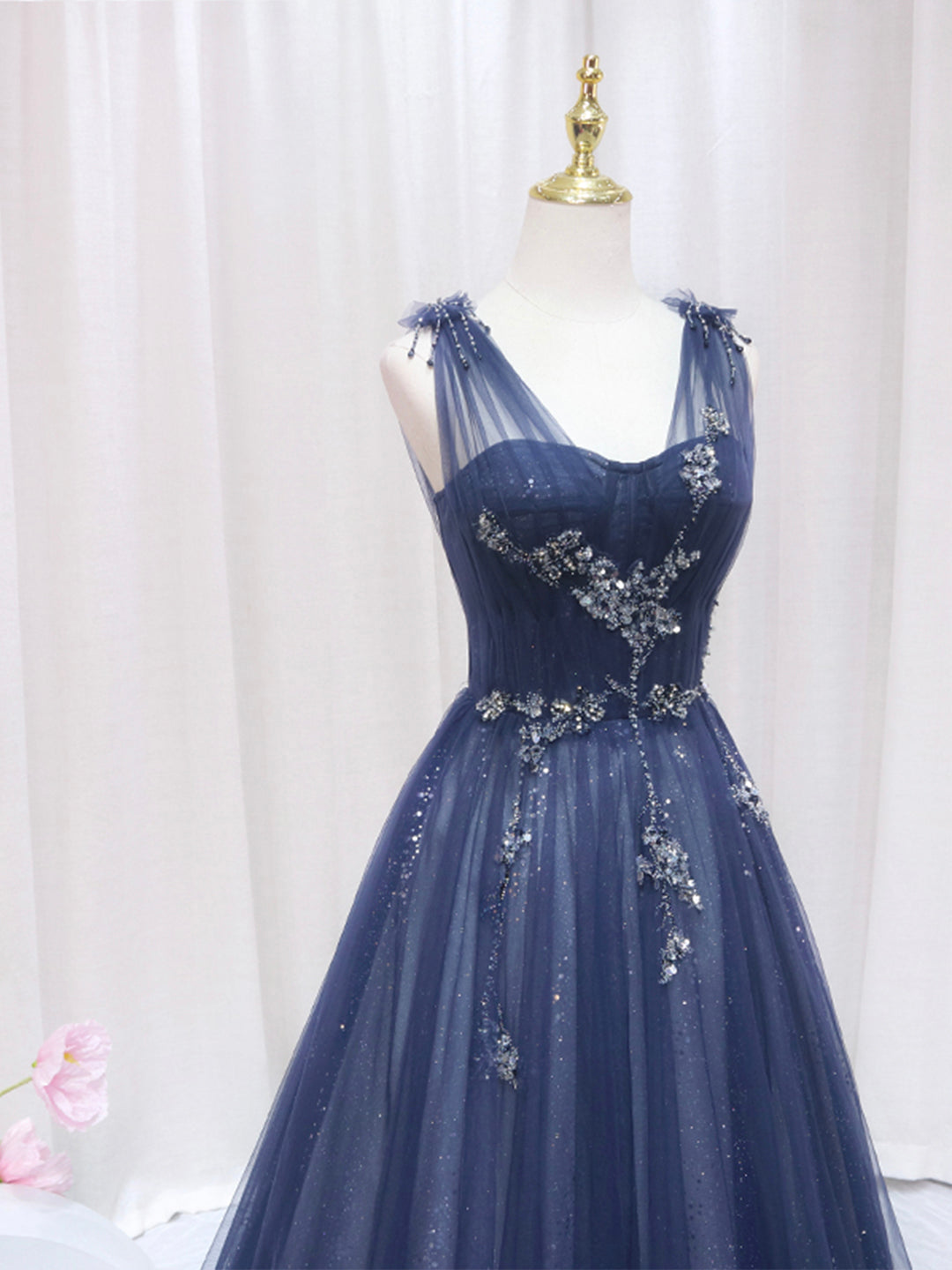 Mini Dress, Blue Tulle Beaded Long Prom Dress, Blue Evening Party Dress