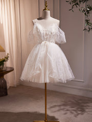 Party Dress Teen, Ivory V-Neck Beaded Straps Party Dress, Ivory Knee Length Prom Dress