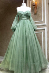 Party Dress Clubwear, Green Tulle Long Sleeve Prom Dress, A-Line Off the Shoulder Evening Dress