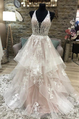 Party Dress Bridal, A-Line Lace Long Prom Dresses, V-Neck Formal Evening Dresses