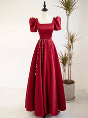 Prom Dresses Brands, Burgundy Satin Short Sleeve Floor Length Prom Dress, Burgundy Evening Dress with Pearls