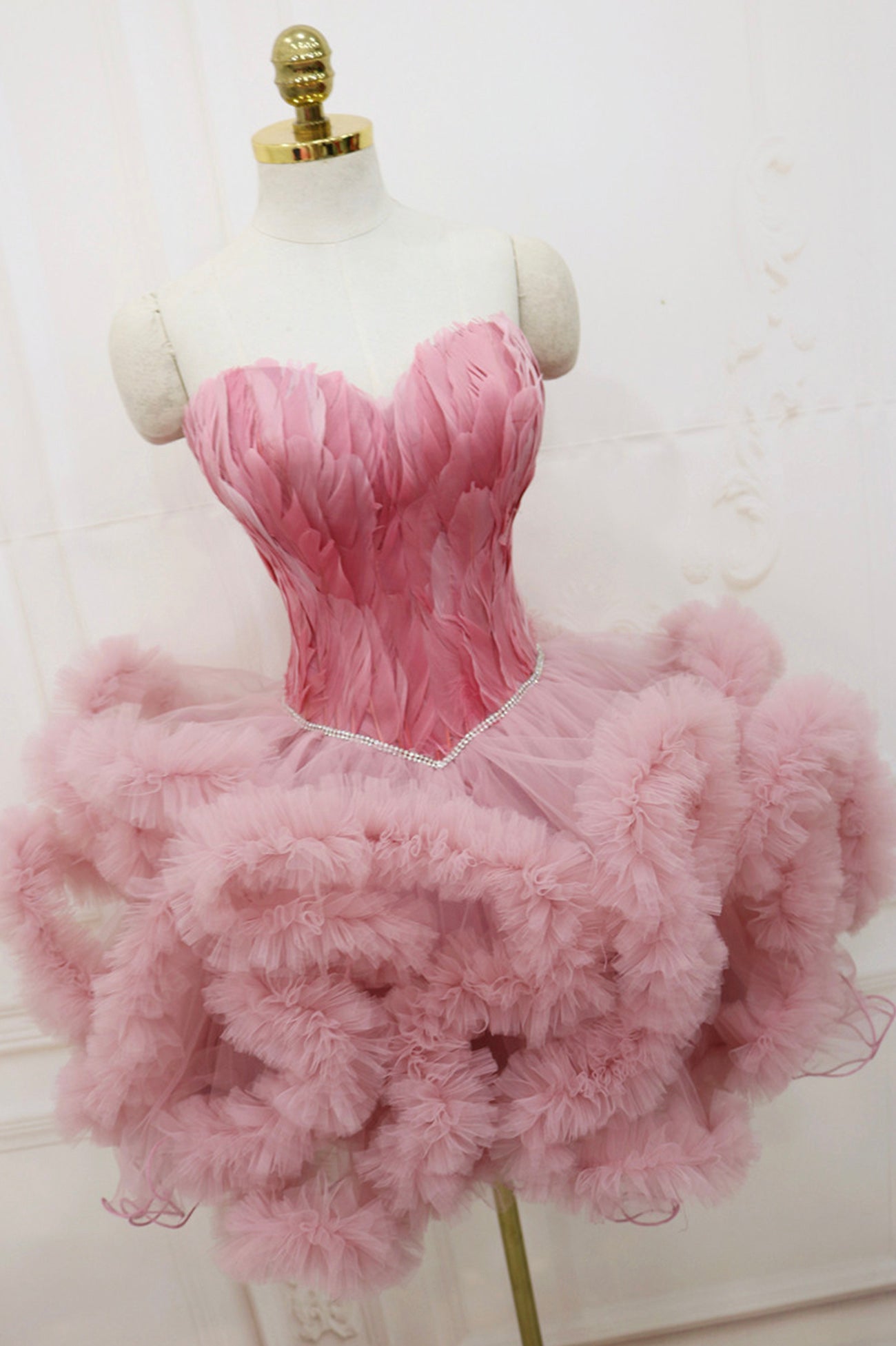 Wedding Decor, Pink Sweetheart Neck Short Prom Dress, A Line Party Dress with Feather