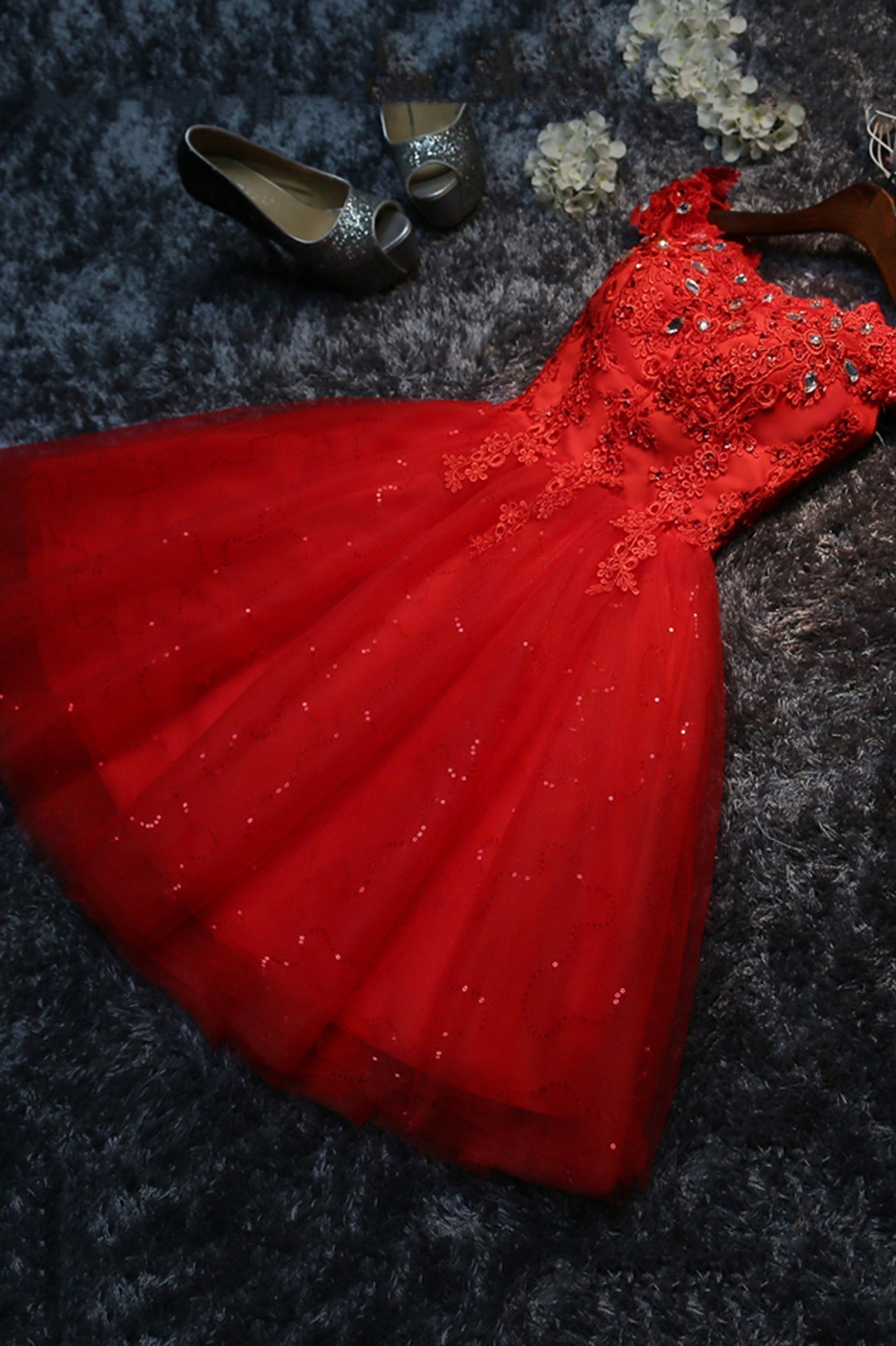 Evening Dresses Red, Cute Lace Short A-Line Prom Dresses, Off the Shoulder Party Dresses