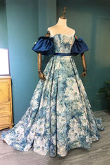 Bridesmaid Dresses Designs, Blue Floral Long Senior Prom Dress, Blue A-Line Evening Dress