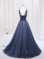 Black Wedding Dress, Blue Tulle Beaded Long Prom Dress, Blue Evening Party Dress