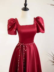 Prom Dresses Brand, Burgundy Satin Short Sleeve Floor Length Prom Dress, Burgundy Evening Dress with Pearls