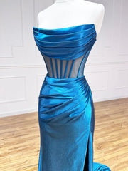 Semi Formal Dress, Blue Strapless Pleated Long Prom Dress, Blue Satin Party Dress