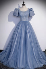 Prom Dressed Two Piece, Blue Tulle Beading Long Prom Dresses, A-Line Short Sleeve Evening Dresses