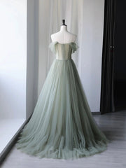 Party Dress Casual, Beautiful Green Tulle Long Prom Dress, Off Shoulder Evening Dress