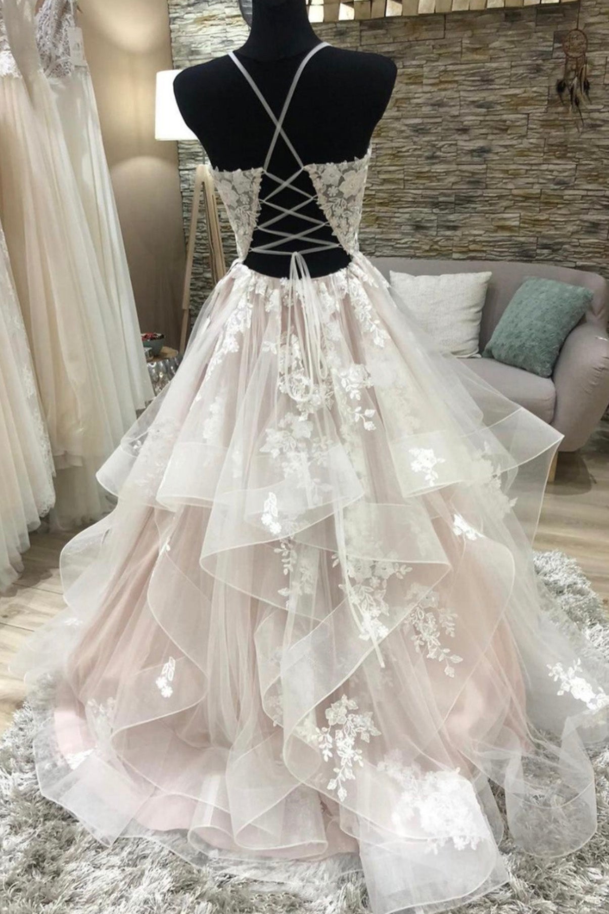 Party Dresses Mini, A-Line Lace Long Prom Dresses, V-Neck Formal Evening Dresses