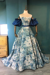 Bridesmaid Dress Designer, Blue Floral Long Senior Prom Dress, Blue A-Line Evening Dress