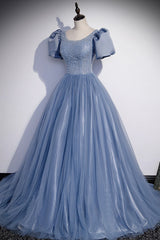 Prom Dress Two Pieces, Blue Tulle Beading Long Prom Dresses, A-Line Short Sleeve Evening Dresses