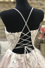 Party Dress Mini, A-Line Lace Long Prom Dresses, V-Neck Formal Evening Dresses