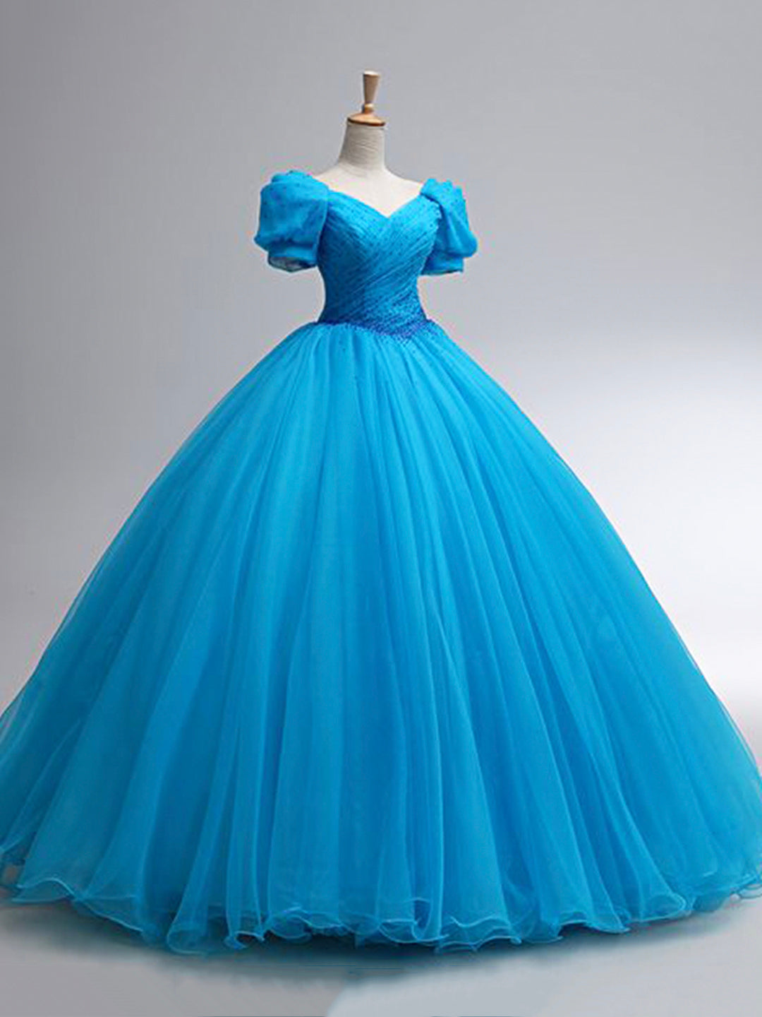 Party Dress Sale, Beautiful Blue Rhinestone Floor Length Prom Dress, A-Line Short Sleeve Evening Dress