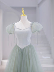 Party Dresses And Jumpsuits, Green Tulle Floor Length Prom Dress, Green Short Sleeve Evening Party Dress