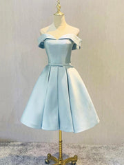 Prom Dresses For 23 Year Olds, Simple Short Light Blue Satin Party Dress, Blue A-Line Off the Shoulder Evening Dress