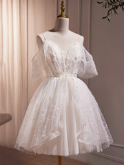 Party Dress Look, Ivory V-Neck Beaded Straps Party Dress, Ivory Knee Length Prom Dress